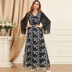 QNPQYX Nieuwe Arabische moslim dames Maxi -jurk Zomer Vrouw Robe Chiffon -printjurken met lange mouwen 3442