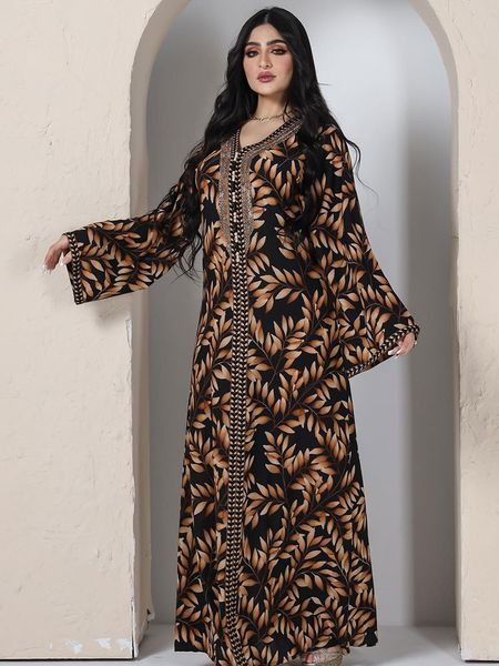 QNPQYX Nuevo Vestido Largo Estampado Abaya con Cuentas para Mujer Fiesta árabe Kaftan Adorno Trenzado Golfo Saudita Dubai Jalabiya Vestidos de Noche Musulmanes