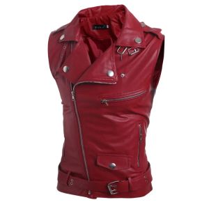 QNPQYX Nieuwe Mode Straat heren Jassen Pu Lederen Vest Slim Fit Punk Multi Rits Revers Korte Vest Jas Zwart rood