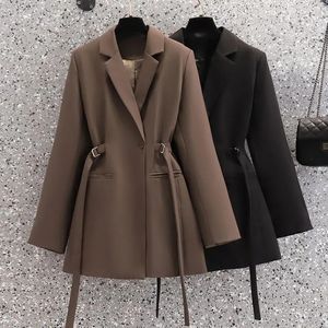 QNPQYX Nouvelle Fashion Femmes Blazer Nouveau revers Brown Pocket Long Loue Veste Loose Spring Automne Conçu des costumes de bureau Femme