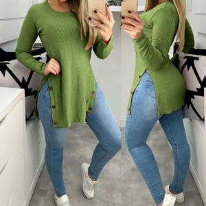 QNPQYX Nieuwe Mode Dames Tops Effen Ronde Hals Split Knoppen Aan Zijkanten Casual Losse Lange Mouw Vrouw T-shirts Trui kleding