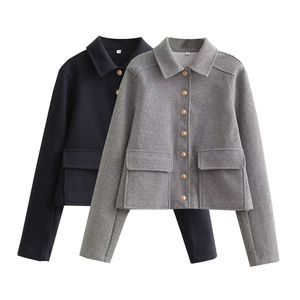 QNPQYX nouveau gris laine revers simple boutonnage manteau femmes élégant Oblique poche manteau court automne dames Restro laine manteaux