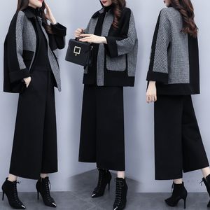 QNPQYX Nieuwe Korea Suits Womens Nieuwe Herfst Winter Wollen Tweedelige Pak Grote Maat Plaid Wijde Broek Mode kleding