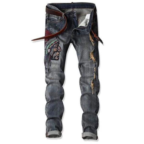 QNPQYX nouveaux hommes Jeans haute qualité mode indiens broder rétro déchiré Slim rue droite Jeans grande taille AF1701