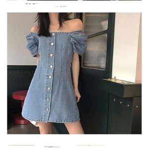 QNPQYX Nouveau Slim Élégant robe d'été Vintage Carré Hors Épaule Denim Simple Boutonnage Mini Robes pour Femmes Jeans Casual robe femme