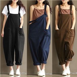 QNPQYX Nieuwe zomer jumpsuit Art Nouveau groot formaat rompertjes katoenen bretels wijde pijpen broek Womens casual effen kleur serie