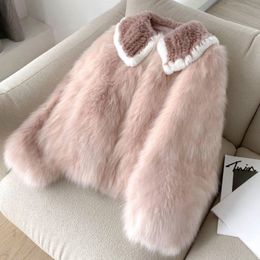 QNPQYX nouveau doux rose fourrure fausse femmes hiver épaissir chaud veste femme col rabattu à manches longues manteau de renard