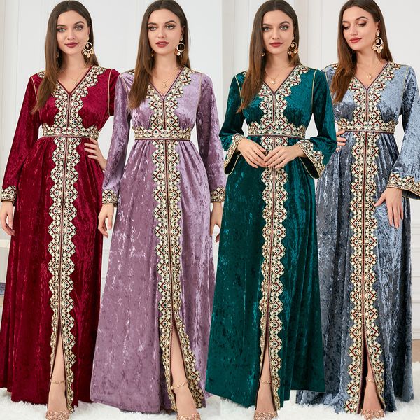 QNPQYX Nuevo vestido musulmán de terciopelo para mujer Abaya bordado Marruecos vestido de fiesta invierno grueso Split Abayas Kaftan Islam Turquía árabe bata larga