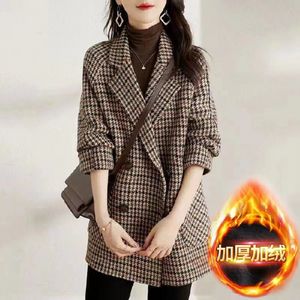 QNPQYX Nieuwe Vintage Houndstooth Vrouwen Wollen Blazer Double Breasted Plaid Vrouwelijke Jasje Mode Koreaanse Bovenkleding Losse Blaser Jas