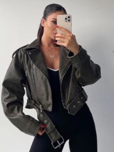 QNPQYX nouvelle veste de ceinture en cuir lavé femmes Vintage col rabattu dégradé fermeture éclair manteau court femme mode décontractée Chic veste