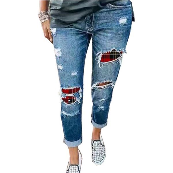 QNPQYX Nouvelles Femmes Patch Designs Denim Jeans Plaid Do Vieux Crayon Jeans Pantalon Automne Maigre Déchiré Pantalon Distressed Cheville-Longueur Capri Pantalon