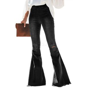 Qnpqyx nieuwe vrouwen gescheurd gat flare jeans broek slanke sexy vintage bootcut breed been uitlopende jeans kantoor dame belbodems denim broek ljja2977