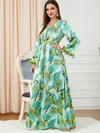 QNPQYX Nouvelles Robes pour Femmes Imprimer Automne Abaya Col en V Plumes Manches Longues Maxi Robe Ceinture Caftan Marocain Robe Abayat Turc Jilbab