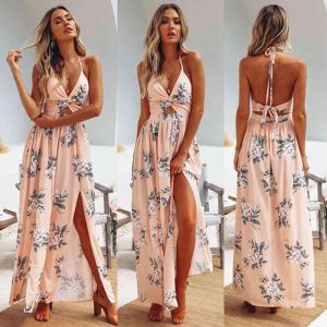 QNPQYX nouvelle robe d'été pour femmes Boho Maxi robe longue soirée plage robes de chaîne robe d'été robe florale licou été