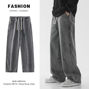 Qnpqyx Oversized wide been jeans heren lente zomertrend ins recht losse elastische taille casual streetwear flodderige broeken mannelijk