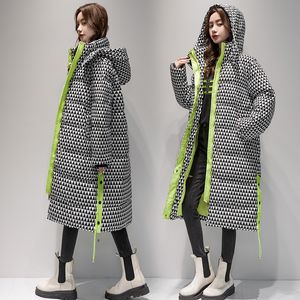 QNPQYX hiver mode parkas nouveau mi-long à capuche manches longues ample et épaissi chaud pied-de-poule rembourré manteau femmes marée