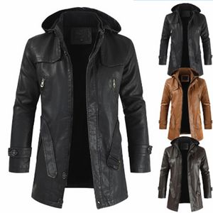 QNPQYX, novedad de invierno, chaquetas medianas largas con capucha para hombre, abrigo de cuero para montar en motocicleta, cortavientos de cuero de gran tamaño ancho y cómodo para hombre