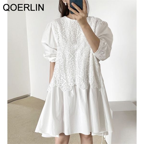 QOELRIN femmes dentelle robe évider Crochet couture faux deux pièces blanc été lâche décontracté convient femme Vestidos Mujer 210601