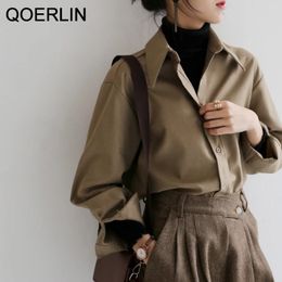 QOERLIN café Blouse femmes printemps automne décontracté couleur unie à manches longues chemise femmes coréenne chemise ample OL Style vêtements de travail S-XL 240117