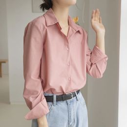 Qoerlin Estilo de oficina de alta calidad Elegante blusa blanca Camisa rosa Rosa Coloque Single Breasted manga larga SXL 240407