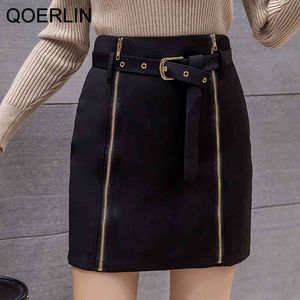 Qoerlin knie lengte shorts rokken riem rits rits met hoge taille onregelmatige aline zwarte rokken vrouwen plus size achterkant zipper outfit rokken 210412