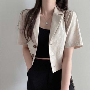 Qoerlin koreaans pure kleur korte mouw katoen linnen pak blazer vrouwelijke 2021 zomer nieuwe temperament korte jas kantoor dames x0721