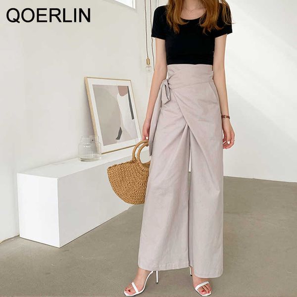 Qoerlin lino cordón estilo coreano pierna ancha suelta pantalones rectos sólidos sólidos laterales irregulares laterales casuales pantalones casuales hembra Q0801