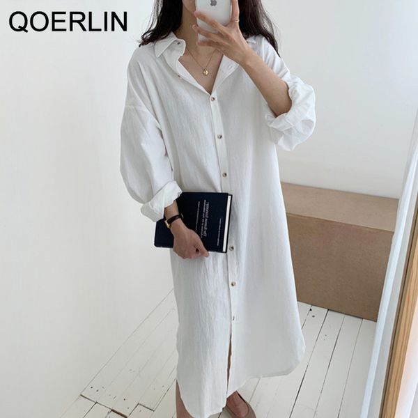 QOERLIN POLO Col SingleBreasted Robe fendue Lâche Coton Lin Chemise Robe Manches Longues Plus Taille Robe Blanche Dames 210412