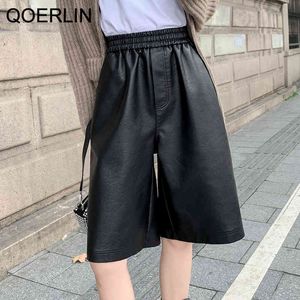 Qoerlin S3XL Autumn Pu Leather Shorts Dames Casual High Taille Wide Been Half broek Koreaanse bovenkleding Losse rechte shorts 210412