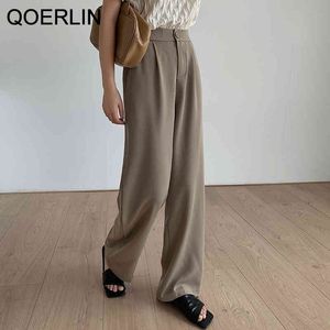 QOERLIN Pantalon de costume à jambe large Femmes Printemps Été Nouveau Pantalon élégant pleine longueur Coréen Taille élastique Drapé Pantalon noir Plus Taille 210412