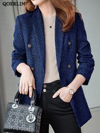 QOERLIN, chaqueta de Tweed de invierno para mujer, abrigo grueso y cálido con cuello de muesca, chaqueta elegante delgada de manga larga, abrigo de doble botonadura 240202