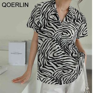 Qoerlin Zebra Print Shirt Dames chique korte mouw losse slanke top vrouwelijke zomerbasis tops single breasted v nek blouse Korean 210412