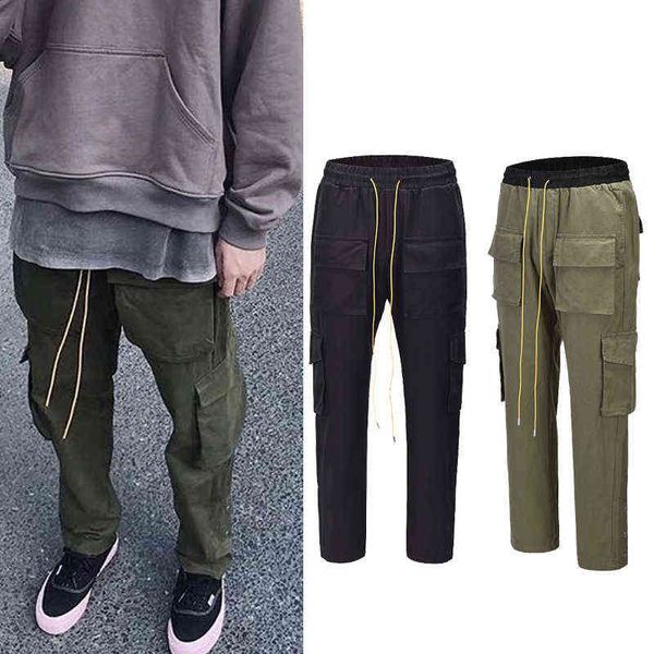 QoolXCWear Streetwear Cargo Pants Mens Military Multi-poches Pantalons pour hommes Double Side Buttons Design Loose Casual Pants H1223