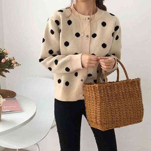 Qooth 2 colores Cardigans Primavera y otoño Estilo coreano Polka Dot Knittd Cardigans Suéteres para mujer Abrigo para mujer qh2301 210518