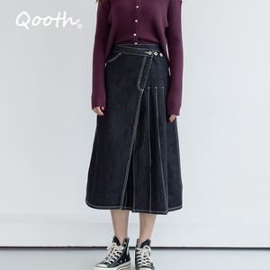 Qooth otoño invierno alta cintura Denim Patchwork faldas mujeres A Line Midi pantorrilla diseño Irregular faldas largas mujer azul oscuro QT225 210518