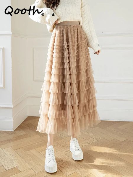 Qooth automne Style coréen maille gonflé gâteau jupe longue élégant Vintage taille élastique taille haute robe de bal gaze Tulle jupe QT1989 240318