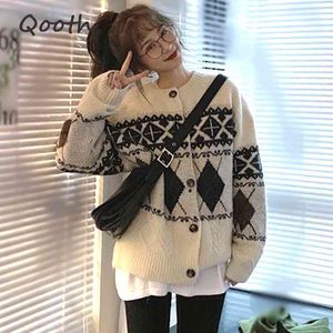 QOOD Herfst Winter Dames Sweaters Print Kleur Gebreide Knoppen Cardiagans Dames O Neck Losse Knitweeds QT361 210518