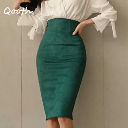 Qooth Green Velvet Falda adelgazante Primavera Otoño Cintura alta Split Estilo coreano All-Match Thin Elegant Sweet QT567 210609