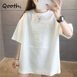 Camiseta holgada de manga corta de estilo coreano Qooth para mujer con estampado de letras sólidas de verano de talla grande que combina con todo QT617 210609