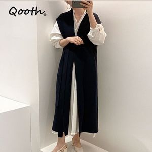 Qooth Korean Suit Chic Loose Puff Sleeve Shirt Dress + V-cuello Cordón Cintura delgada Chaleco de punto Simple 2 piezas Set Mujeres QT457 210518