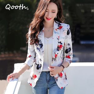 Qooth Imprimé Floral Plus Taille Blazer Femmes Mode Casual Court Trois-Quarts Manches Blazer Style Coréen Petits Tops QT572 210518