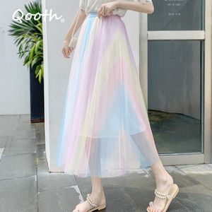 Qooth Regenboog Kleurrijke Mesh Plooirok Hoge Taille Fairy Zomer Lange Zoete All Match Elastische A-lijn rok QT644 210609