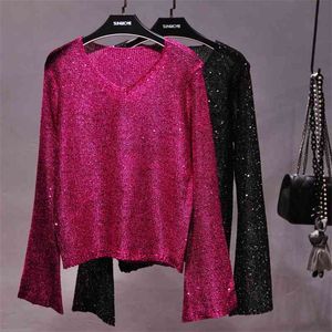 Qooth Paillettes T-Shirt Femme Rose Pull ins Manches Longues Col V Lurex Brillant T-shirt Bling Chemises À Tricoter qh2190 210518