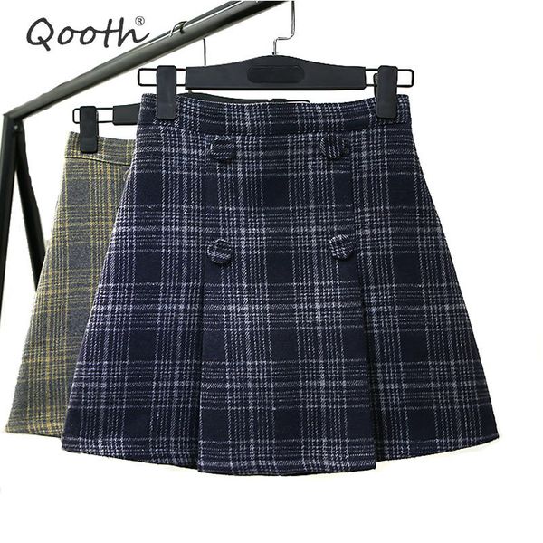 Qooth Jupes pour femmes Ulzzang Automne Hiver Harajuku Laine Plaid Rétro Jupe courte Fille Mignon Japonais Kawaii Jupe QH1645 210518