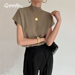 Qooth Solid Standup Collar gebreide Vest Kantoor Kantoor Kantoor Lady All Match Fashion Shirt Loose Elegante rechte tops QT908 220526