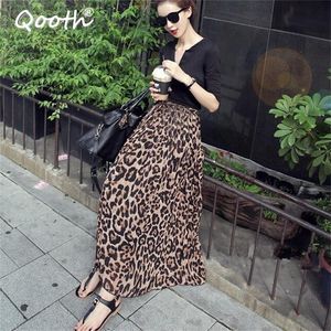 Qooth été automne femmes longue jupe léopard taille élastique en mousseline de soie jupes plissées décontracté Maxi plage imprimé jupe DF650 210315