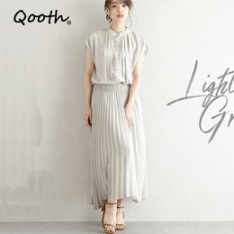 Qooth Summer Chiffon Vestido elegante plissado estilo Janpan feminino cintura elástica vestido camisa vestidos na altura do tornozelo QT010 210518