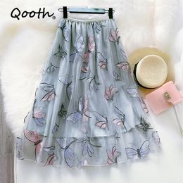 Qooth Summer Trendy Femmes Tulle Robe de bal Jupes Broderie Paillettes Papillon Jupes brillantes Jupes midi avec doublure QT050 210518