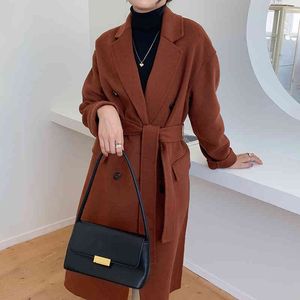 Qooth invierno elegante abrigo de lana moda mujer marrón abrigos largos abrigo de lana clásico calidez prendas de vestir de gran tamaño QT354 210518