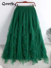 Qooth Women Beaded Petal Midlength Ruffles Mesh geplooide rokken Elegante highwaisted fee Aline Long Tulle QT1682 240416